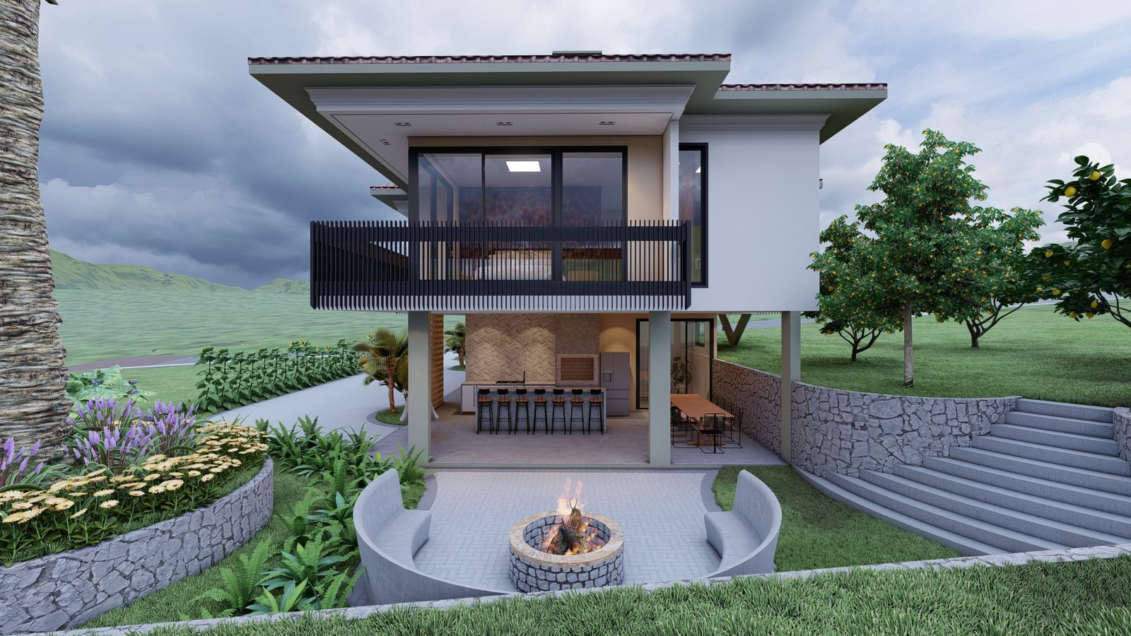 Casa elevada sobre pilotis com varanda e lareira externa